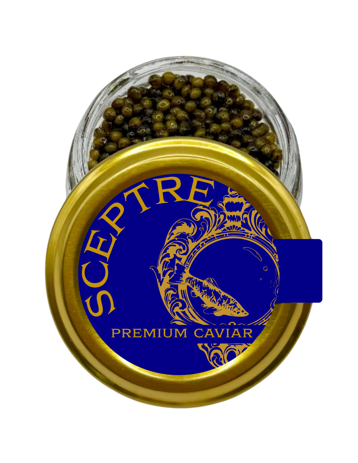 Jar of Sceptre Premium Caviar with blue and gold lid on a white background