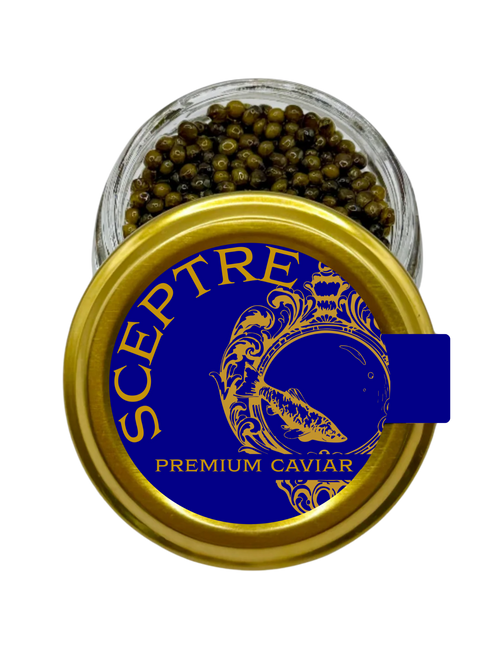 Jar of Sceptre Premium Caviar with blue and gold lid on a white background