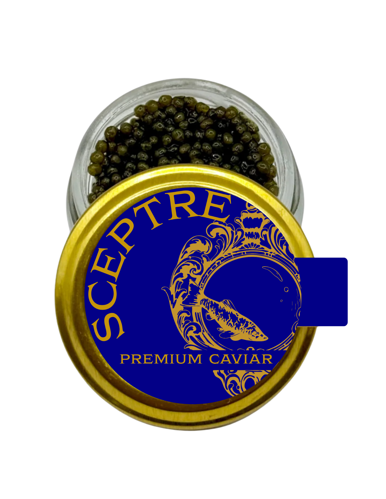 Jar of Sceptre Premium Ossetra Caviar with blue and gold lid on a white background