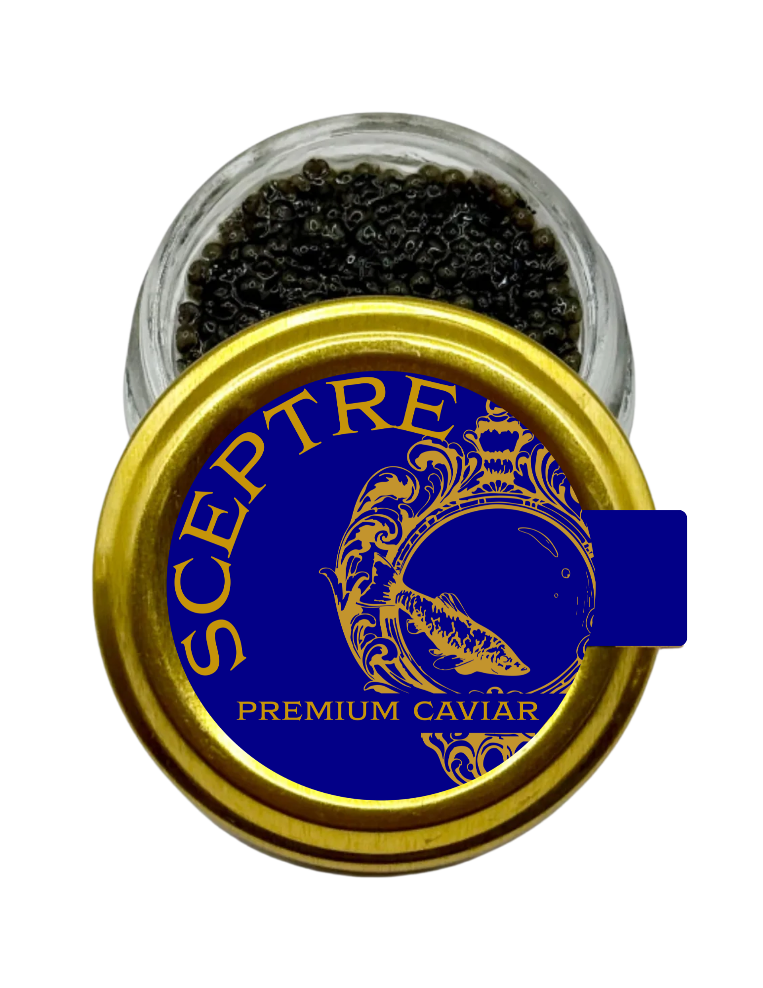 Jar of Sceptre Premium Sevruga Caviar with blue and gold lid on a white background
