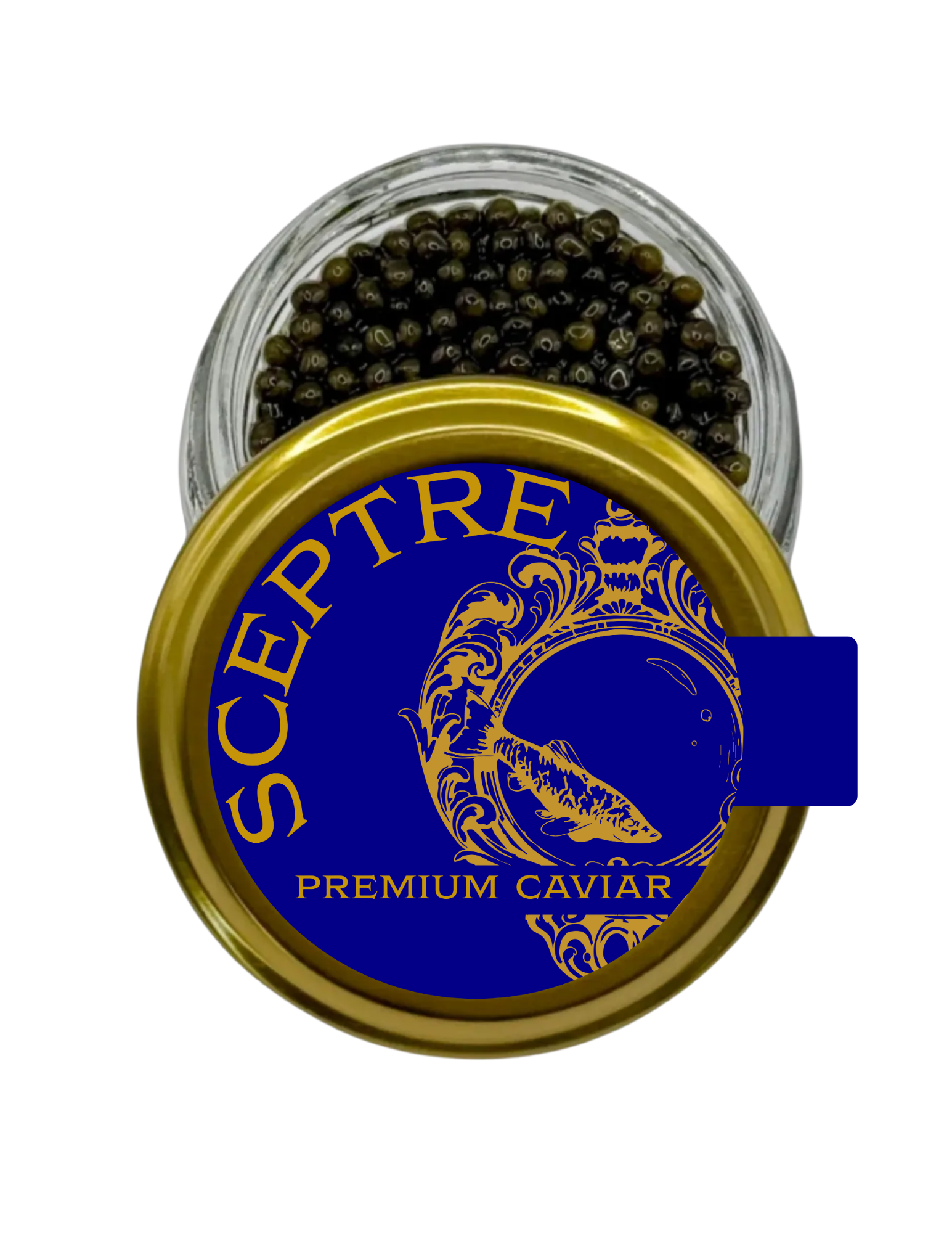 Sceptre Premium Sturgeon Caviar jar with blue and gold lid on a white background